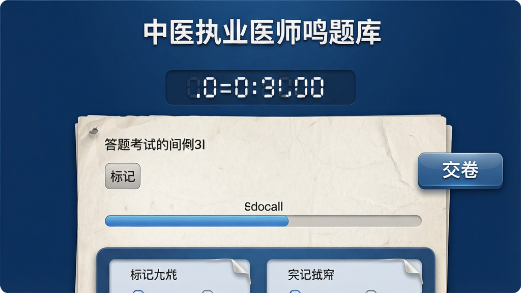 ���壺��ҽִҵҽʦ������ģ�⿼�Խ��棬��Ļ����ʾ����ʱ�ʹ�����ȡ����֣�������ʾ����ʣ��ʱ�䣬�м�Ϊ��Ŀ���򣬵ײ�Ϊѡ��Ҳ���������������ť���Ű棺�����������ɫ��������ɫ�ı���ͻ�����������Χ�������С���ҽִҵҽʦ����⡱��ʶ��������ﻯ��Ʒ��ģ��ֽ���Ծ��ʸС�ϸ�ڣ���Ŀ�·��С���ǡ����ܣ�������������ʾ��ɶȣ������Ӿ�����רҵ�����ʣ������壬����ɾ����޶���Ԫ�ء�
