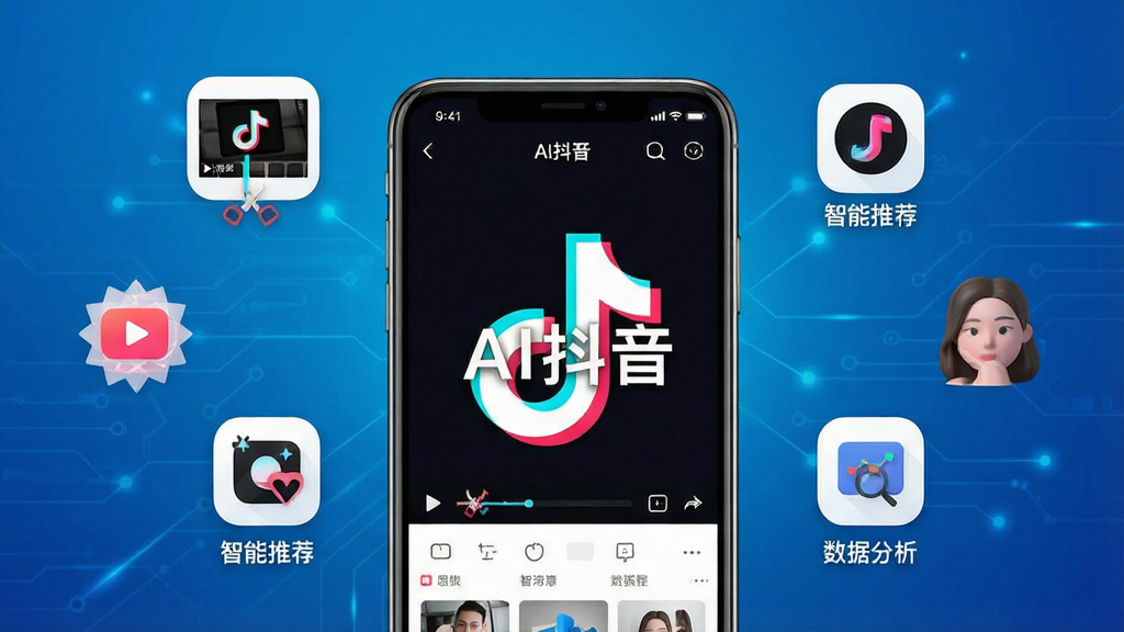 一幅展示AI抖音软件核心功能的场景图,画面中央是一部智能手机,屏幕中显示AI抖音的界面,带有“AI抖音”字样,周围环绕着视频剪辑、智能推荐、特效滤镜、数据分析等图标,背景为科技感蓝色渐变,布局清晰,风格现代简约,细节丰富,画质高清,干净无多余元素