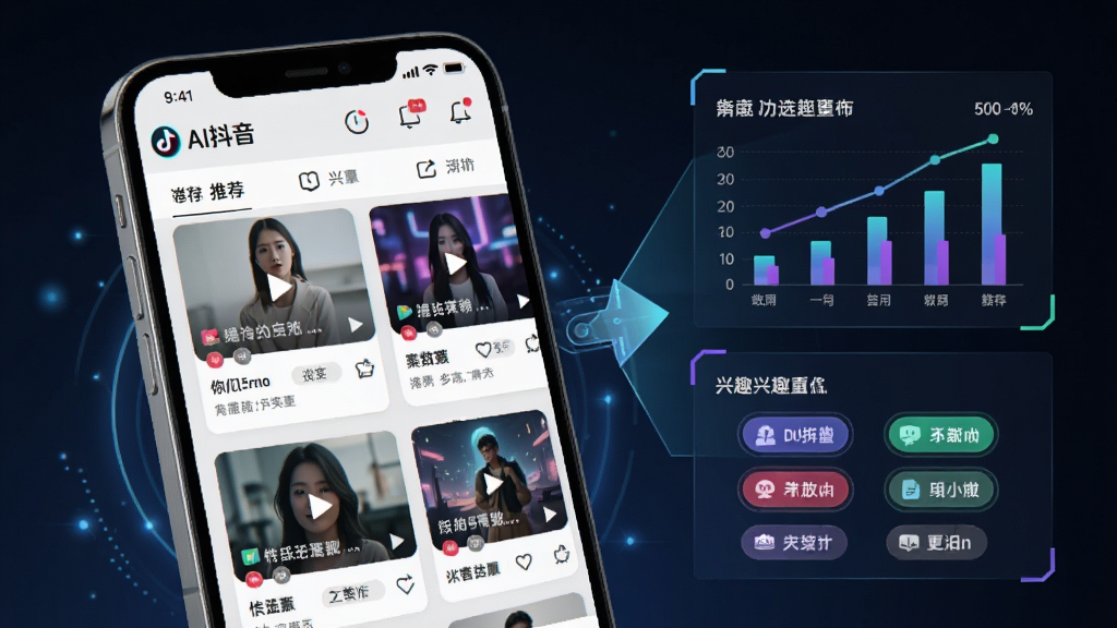 展示AI抖音智能推荐功能的示意图,画面中手机屏幕显示“AI抖音”软件,推荐页有多个视频卡片,每张卡片上有不同的内容主题,旁边有数据图表和兴趣标签,风格科技感强,布局合理,细节丰富,画质高清,干净无多余元素