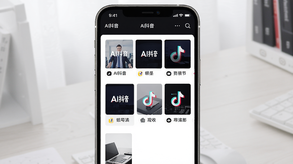 展示AI抖音智能封面和标题生成功能的界面,手机屏幕显示“AI抖音”软件,视频上方有多个封面缩略图,每个封面下方有标题文字建议,风格简洁商务,布局清晰,细节丰富,画质高清,干净无多余元素