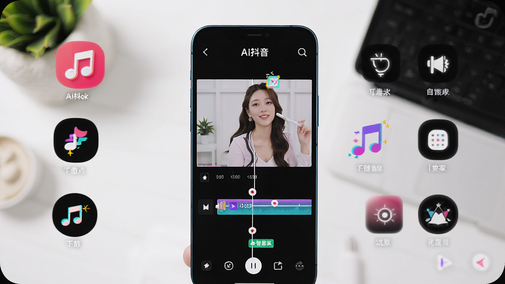 展示AI抖音一键成片功能的界面截图,画面中手机屏幕显示“AI抖音”软件,正在自动剪辑视频,时间轴上有智能标记,周围有音乐、特效、滤镜等图标,风格清新明亮,布局直观,细节丰富,画质高清,干净无多余元素
