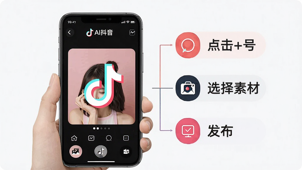 展示AI抖音使用指南的插图,画面中手机屏幕显示“AI抖音”软件,旁边有操作步骤的文字说明,如“点击+号”、“选择素材”、“发布”,风格简洁明了,布局合理,细节丰富,画质高清,干净无多余元素