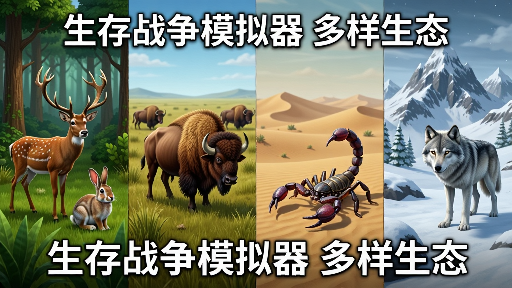 画面展示游戏中的多个生物群落,从左到右依次是森林中的鹿和兔子、草原上的野牛、沙漠中的蝎子、雪山上的狼。每个场景都有典型的植被和地形特征,动物们栩栩如生。画面采用分屏拼贴方式,色彩丰富,写实风格,画质高清,干净无多余元素。图片中打文字“生存战争模拟器 多样生态”。