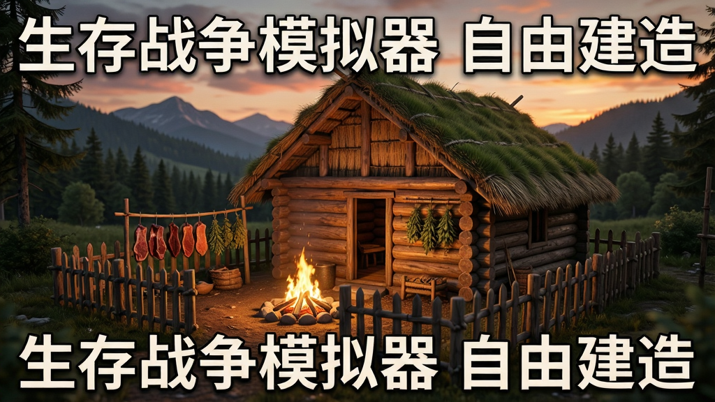 一座由原木和茅草搭建而成的简易房屋矗立在林间空地上,屋顶覆盖着厚厚的草皮,门前有一个火堆正在燃烧。房屋周围用木栅栏围起一个小院子,院内晒着一些肉干和草药。画面以第三人称视角呈现,远处是连绵的山脉和黄昏的晚霞。写实风格,色彩温暖,画质高清,干净无多余元素。图片中打文字“生存战争模拟器 自由建造”。