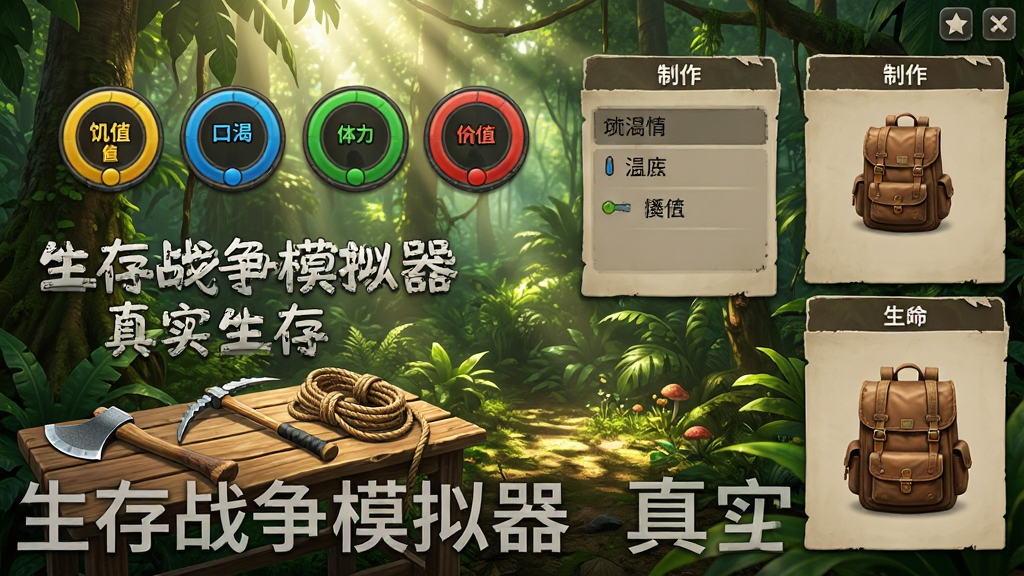 游戏界面上显示角色状态栏,有饥饿值、口渴度、体力值和生命值四个圆形图标,旁边是制作菜单和背包界面。背景是茂密的丛林,阳光透过树叶洒下斑驳光影。画面左下角有一个木制工作台,上面放着斧头、镐子和绳索。整体UI设计简洁直观,写实风格,色彩鲜明,画质高清,干净无多余元素。图片中打文字“生存战争模拟器 真实生存”。