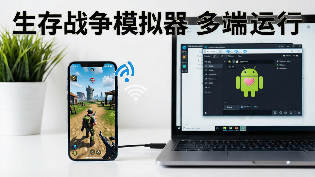 一张智能手机屏幕显示游戏运行界面,旁边有一台笔记本电脑,屏幕上显示着安卓模拟器窗口。手机和电脑都连接着Wi-Fi图标。背景是简洁的桌面,有绿色植物装饰。画面风格写实,光线明亮,画质高清,干净无多余元素。图片中打文字“生存战争模拟器 多端运行”。