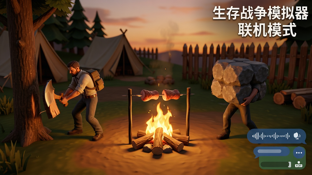 两个玩家角色在游戏中的场景,一个正在砍树,另一个在搬运石头,彼此配合。画面中央有一个篝火,上面烤着肉。背景是傍晚的营地,有帐篷和木栅栏。游戏界面右下角显示语音聊天气泡。写实风格,暖色调,画质高清,干净无多余元素。图片中打文字“生存战争模拟器 联机模式”。
