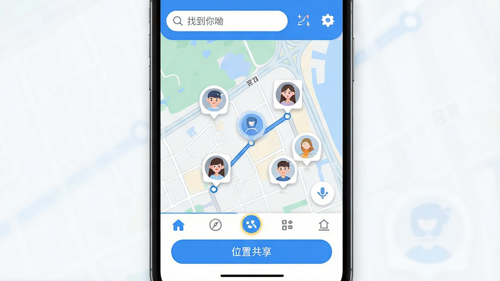 一款名为“找到你呦”的安卓手机定位应用主界面预览图,主体是手机屏幕展示实时地图与好友位置标记,布局简洁清晰,顶部有搜索框和功能图标,底部导航栏突出“位置共享”按钮,整体风格扁平化,以蓝色和白色为主色调,细节包括地图上的路线和气泡头像,画质高清,干净无多余元素,图片中文字需标注“找到你呦”