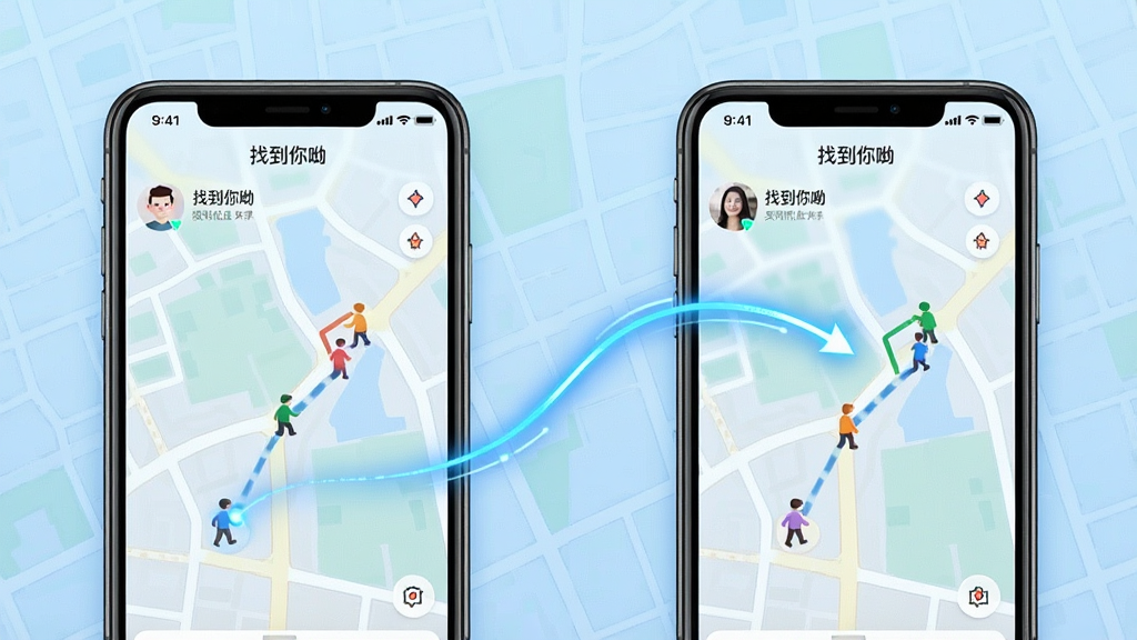 展示“找到你呦”软件实时位置共享功能的截图风格示意图,主体为两部手机屏幕分别显示两个用户的实时位置,中间用动态连线连接,布局采用左右对比形式,背景为淡蓝色地图网格,风格写实且富有科技感,细节包含地图上的小人和行走轨迹,画质清晰,干净无多余元素,图片中手机屏幕上方标注“找到你呦”