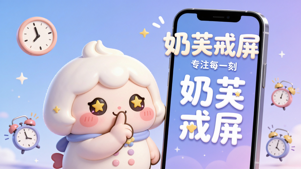 主体:一个可爱软萌的卡通奶芙小精灵站在手机屏幕前,做出“嘘”的手势,手机屏幕显示“奶芙戒屏”四个大字,背景是淡雅的渐变蓝紫色。布局:奶芙位于画面中央偏左,手机屏幕占据右侧三分之一,整体构图平衡。排版:主标题“奶芙戒屏”采用圆润可爱的艺术字体,位于手机屏幕上方,副标题“专注每一刻”在下方。风格:清新治愈系,色彩柔和明快,卡通插画风格。细节:奶芙有星星眼和腮红,手机周围有漂浮的小时钟和闹钟图标,象征时间管理。画质:高清渲染,干净无多余元素,适合应用商店宣传图。