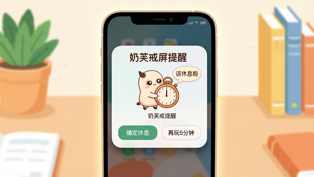 主体:手机屏幕弹出奶芙戒屏的提醒弹窗,弹窗上有一只奶芙小精灵抱着一块时钟,旁边有“该休息啦”文字气泡。布局:手机位于画面中央,弹窗占据屏幕大部分,背景为简约的室内书桌场景。排版:弹窗标题“奶芙戒屏提醒”加粗,下方有“确定休息”和“再玩5分钟”两个按钮。风格:清新扁平插画风,色彩明亮,突出温馨感。细节:手机边缘有微弱的发光效果,弹窗阴影自然,桌面有绿植和书本点缀。画质:高清,干净无多余元素,重点突出提醒功能。