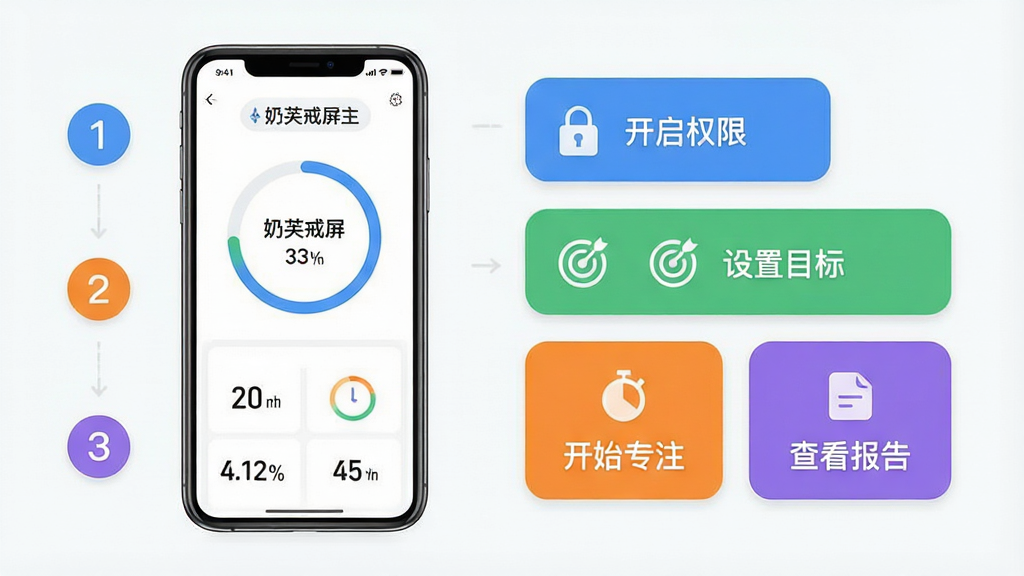 主体:一部手机正在展示奶芙戒屏的使用教程界面,手机周围有步骤序号图标(1、2、3)。布局:手机位于画面中央偏左,右侧有四个步骤说明卡片,分别写着“开启权限”、“设置目标”、“开始专注”、“查看报告”。排版:步骤卡片采用圆角矩形,颜色各异(蓝、绿、橙、紫)。风格:简洁现代,图文结合,扁平化设计。细节:手机屏幕显示奶芙戒屏主界面,有进度环和统计数字。画质:高清,干净,无多余元素。