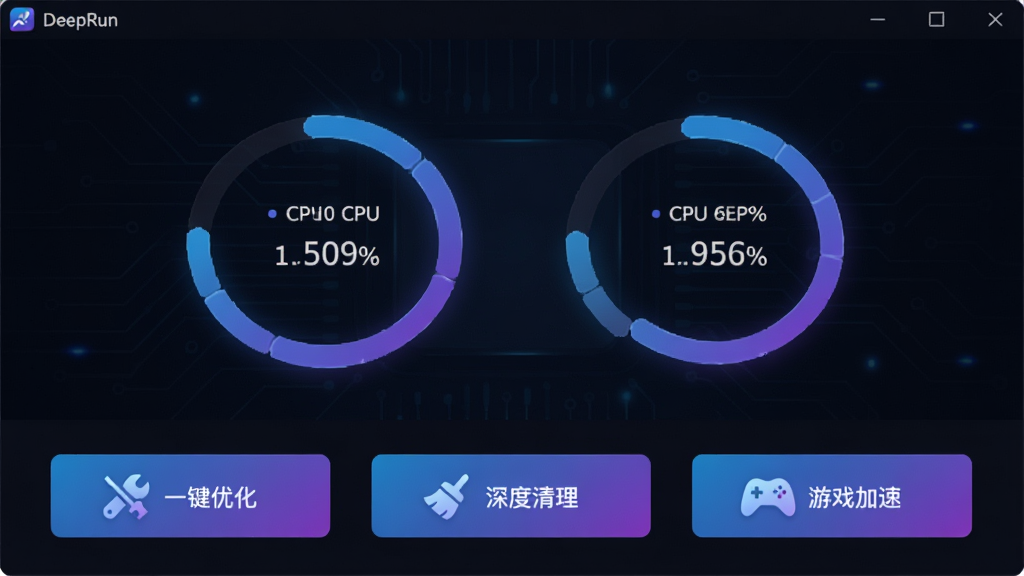 DeepRun软件主界面展示,深色科技风格背景,中央显示实时CPU与内存占用率环形图表,下方排列“一键优化”“深度清理”“游戏加速”三个功能按钮,布局简洁大方,图标采用蓝紫渐变色调,整体风格现代且专业,画质高清,干净无多余元素