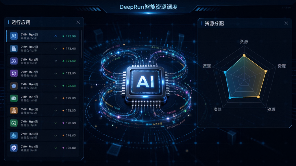 DeepRun智能资源调度界面,左侧显示当前运行应用列表,右侧为资源分配雷达图,中央有一枚AI芯片图标,周围环绕动态数据流,背景为深蓝色科技网格,整体风格未来感十足,细节丰富,画质清晰,无多余元素