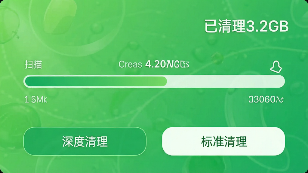 DeepRun垃圾清理功能预览,界面展示扫描进度条和已清理文件大小,背景为绿色清新风格,右上角显示“已清理3.2GB”字样,下方有“深度清理”和“标准清理”两个选项按钮,整体视觉干净明亮,细节清晰,无多余元素