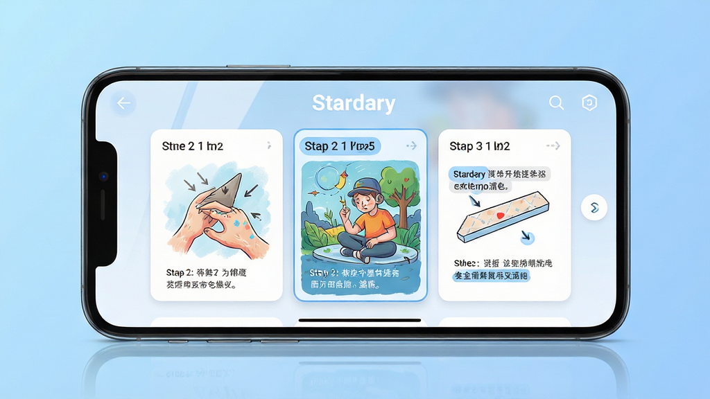 主体:一部智能手机横屏运行Stardary,屏幕显示绘画教程界面。布局:手机位于画面中央,屏幕上有步骤分解图,旁边有文字说明。排版:教程内容以卡片形式排列,步骤清晰,重点步骤有高亮标注。风格:明亮简洁的UI风格,背景为柔和的渐变蓝色。细节:手机屏幕反光自然,教程图示精细,色彩鲜艳。画质:高清,画质细腻,画面干净,无多余元素。文字:屏幕上方显示“Stardary”字样。