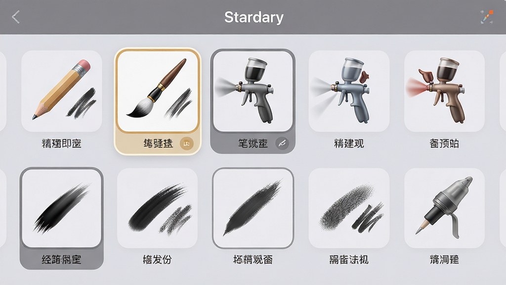 主体:Stardary应用内的笔刷选择界面特写。布局:界面展示多种笔刷样式图标,如铅笔、毛笔、喷枪等,排成两排。排版:每个笔刷图标下方有名称标签,选中状态有明显高亮边框。风格:写实与扁平结合,图标质感细腻。细节:笔刷图标旁有笔触效果预览线条,粗细、纹理各异,背景为柔和的浅灰色。画质:高清,细节丰富,画面干净,无多余元素。文字:界面顶部有“Stardary”字样,笔刷名称清晰可见。