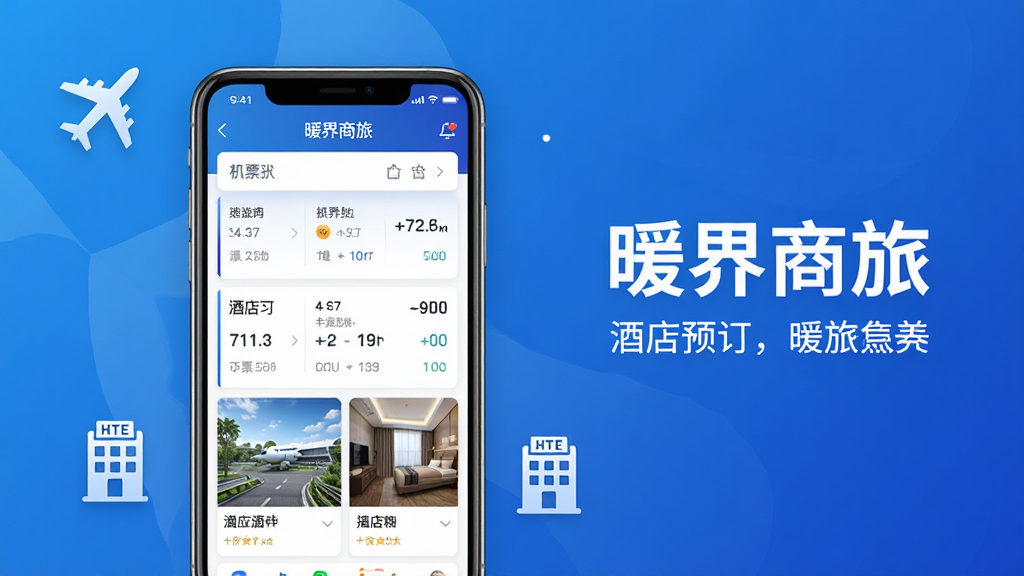 主体:暖界商旅APP界面展示,手机屏幕显示机票酒店预订页面,背景为蓝色渐变商务风格。布局:手机居中,屏幕内容清晰可见,周围有简洁的商务元素如飞机、酒店图标。排版:手机位于画面中央偏左,右侧留白用于放置APP名称和标语。风格:现代商务科技感,色彩明亮,干净整洁。细节:屏幕中显示“暖界商旅”字样,界面有航班列表和酒店图片,画质高清,干净,无多余元素。