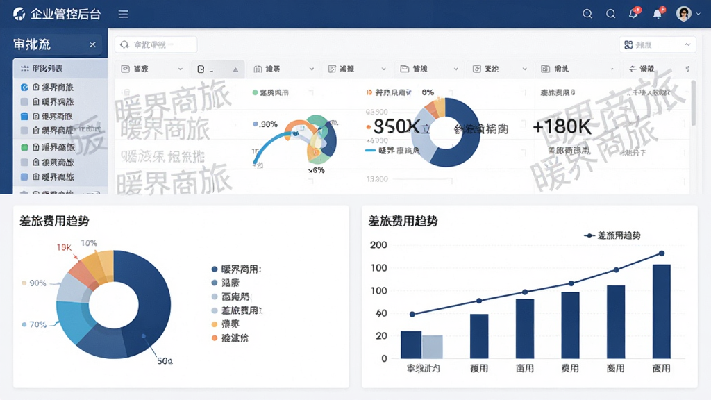 主体:暖界商旅企业管控后台界面,显示审批流程和费用报表。布局:上半部分为审批列表,下半部分为图表统计。排版:数据可视化,多用饼图和柱状图。风格:沉稳专业,深蓝与白色搭配。细节:审批列表有“暖界商旅”水印,报表显示差旅费用趋势,画质高清,干净,无多余元素。