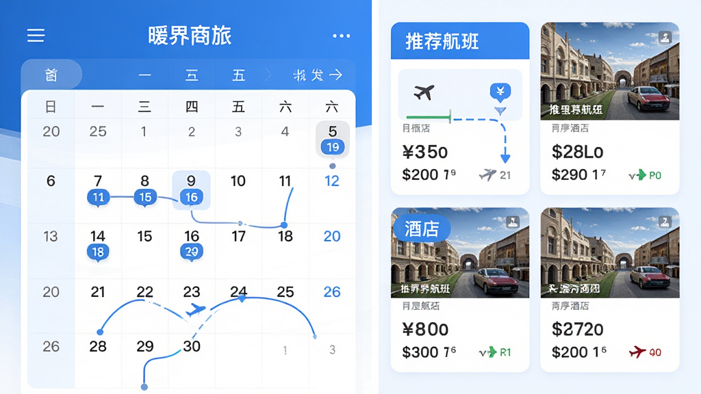 主体:暖界商旅APP行程规划功能界面,显示日历视图和推荐路线。布局:左侧为日历,右侧为推荐航班和酒店卡片。排版:卡片式布局,信息层级分明。风格:简洁明亮,蓝色主调,商务风格。细节:日历上有标记,推荐卡片显示价格和时间,屏幕上方有“暖界商旅”字样,画质清晰,干净,无多余元素。