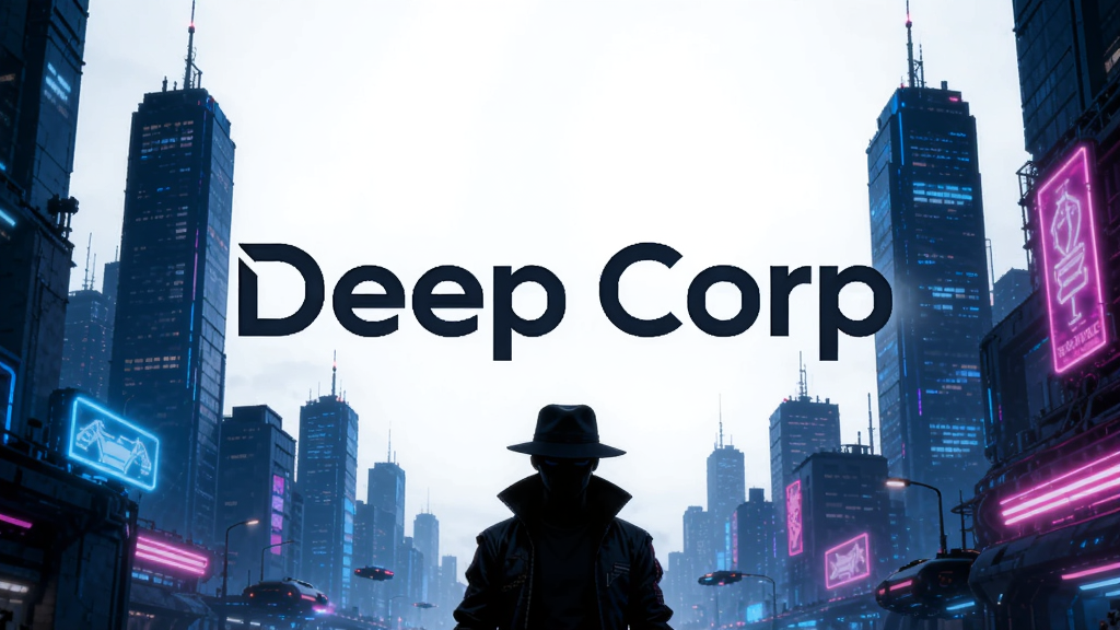 画面中央展示“Deep Corp”游戏LOGO,背景是未来感十足的赛博朋克城市,高楼林立霓虹闪烁,主色调为深蓝与洋红,前景有神秘人物剪影,整体布局居中对称,风格写实细腻,细节丰富,画质高清,干净无多余元素
