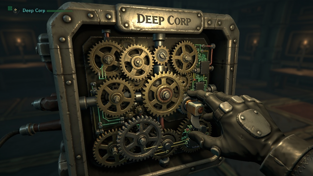 游戏画面展示“Deep Corp”中一个复杂的机械谜题装置,齿轮与电路交错,玩家手部正在操作,画面主体为装置特写,背景虚化,风格写实,光线聚焦于操作区域,细节精致,画质清晰,干净无多余元素