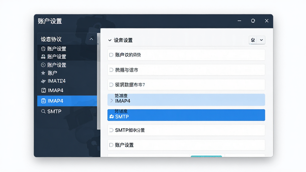 主体:软件“账户设置”界面,显示多种协议选项;布局:设置窗口居中,左侧协议列表;排版:简洁表单排列;风格:商务简洁;细节:高亮显示IMAP4和SMTP选项;画质:清晰,干净,无多余元素
