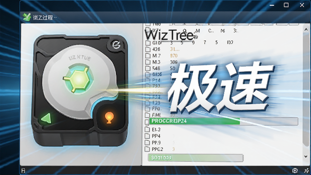 WizTree软件扫描过程动画,硬盘指示灯亮起,界面显示快速滚动的文件扫描进度条,背景有速度线特效,突出“极速”概念,画质清晰,无多余元素