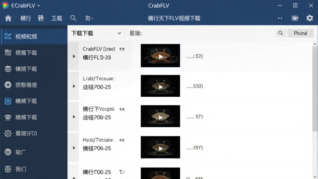 横行天下FLV视频下载(CrabFLV)主界面预览图,深蓝色工具栏,左侧功能列表,中央视频下载列表,白色背景,扁平化设计,界面干净整洁,文字清晰,画质高清,无多余元素