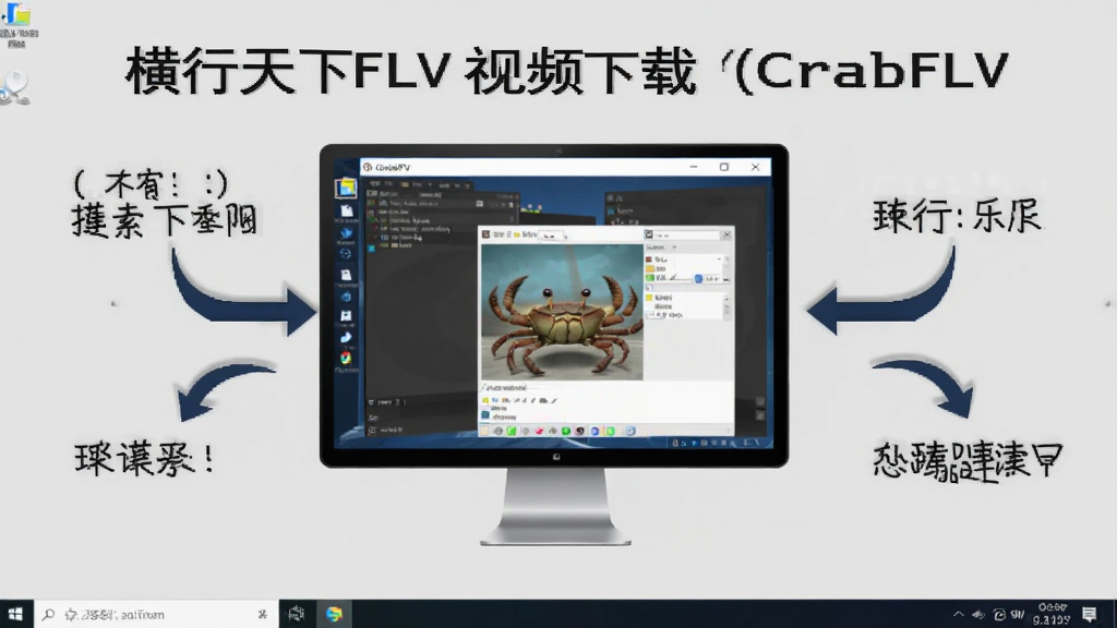 横行天下FLV视频下载(CrabFLV)使用教程步骤图,电脑桌面显示软件运行,步骤箭头指示,背景为浅灰色,画面简洁,文字清晰,画质干净,无多余元素