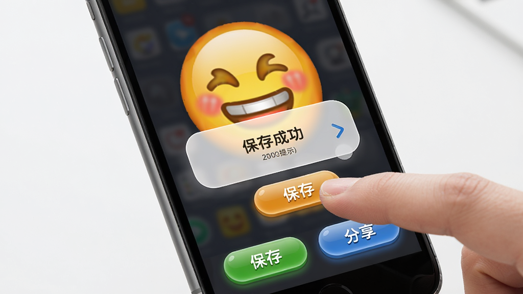 主体:手指点击“保存”按钮,弹出保存成功提示,布局:手机屏幕特写,排版:屏幕中央显示表情大图,底部有保存和分享按钮,风格:拟物化交互界面,细节:按钮高亮,提示框圆润,画质:高清,干净,无多余元素