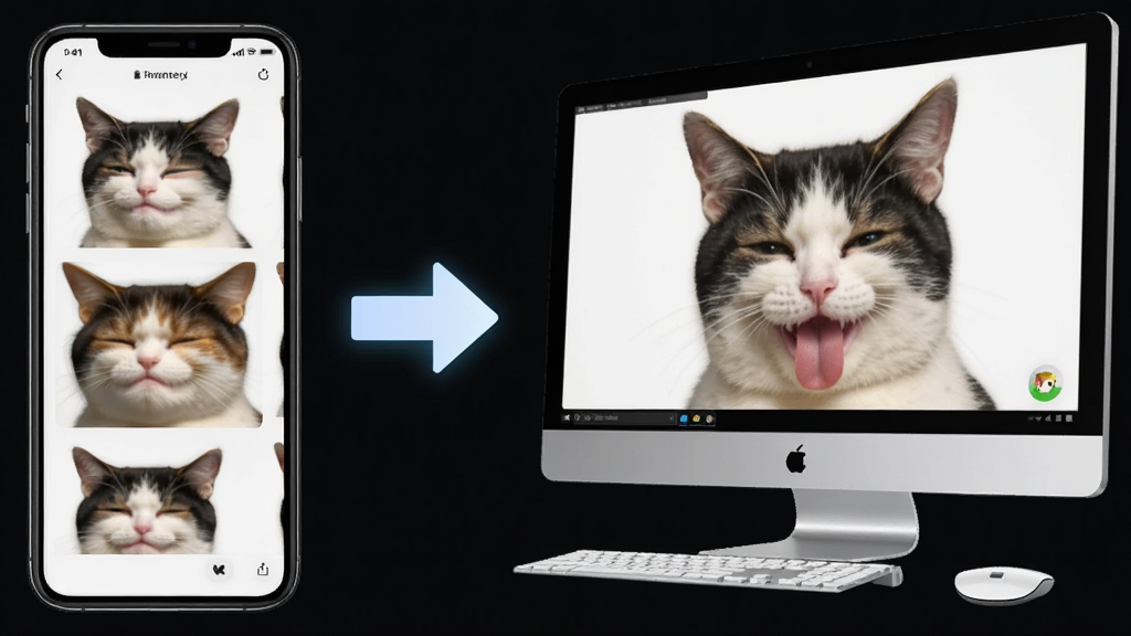 主体:手机和电脑同时显示猥琐猫表情包界面,布局:左侧手机,右侧电脑,排版:中间用箭头连接,风格:现代科技感,细节:屏幕上有表情预览,画质:高清,干净,无多余元素
