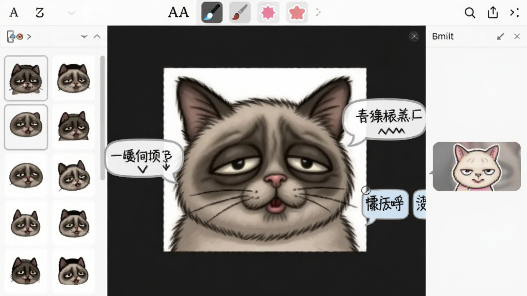 主体:猥琐猫表情包编辑界面,布局:画布中央是猥琐猫图片,上方工具栏有字体、画笔、贴纸选项,排版:左侧素材库,右侧编辑区,风格:创意设计风,细节:文字气泡可拖动,画质:高清,干净,无多余元素