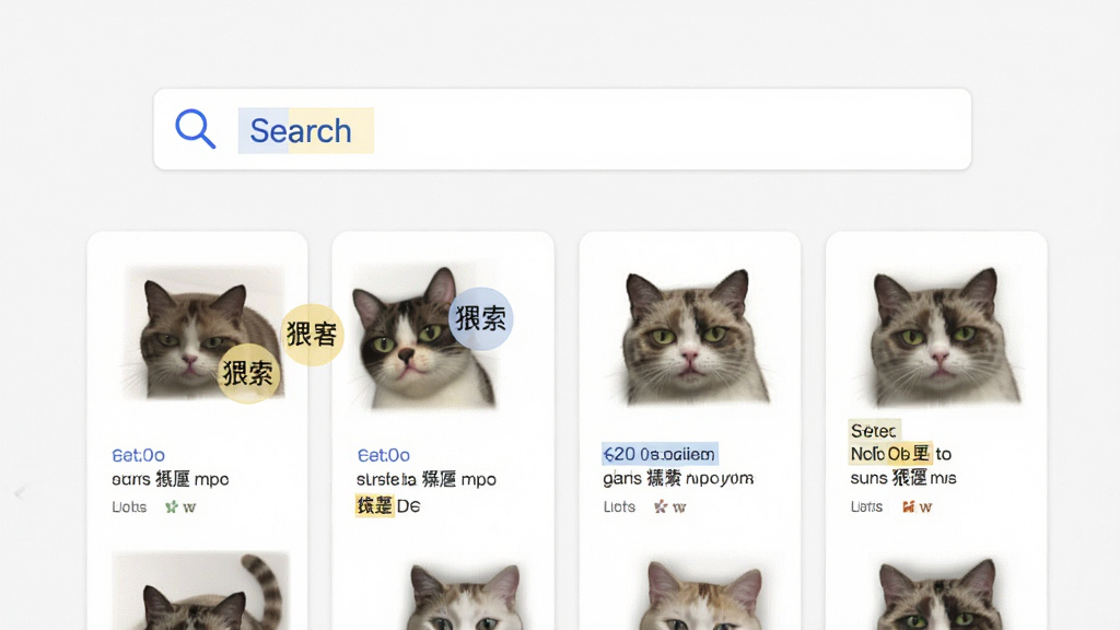 主体:猥琐猫表情包搜索界面,布局:搜索框居中,下方显示搜索结果,排版:搜索框左侧有放大镜图标,结果以卡片式排列,风格:简洁清爽,细节:高亮显示匹配关键词,画质:高清,干净,无多余元素