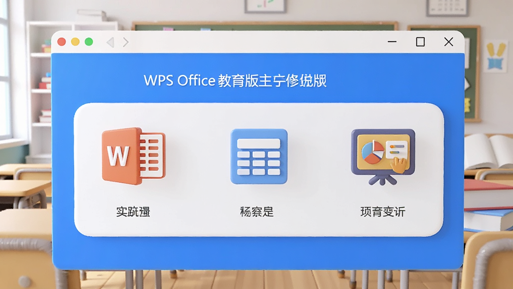 一幅展示WPS Office教育版主界面的3D渲染图,界面简洁明亮,包含文字、表格、演示三大图标,背景是教室和书本元素,整体风格现代、专业,色彩以蓝色和白色为主,画质清晰干净,无多余元素