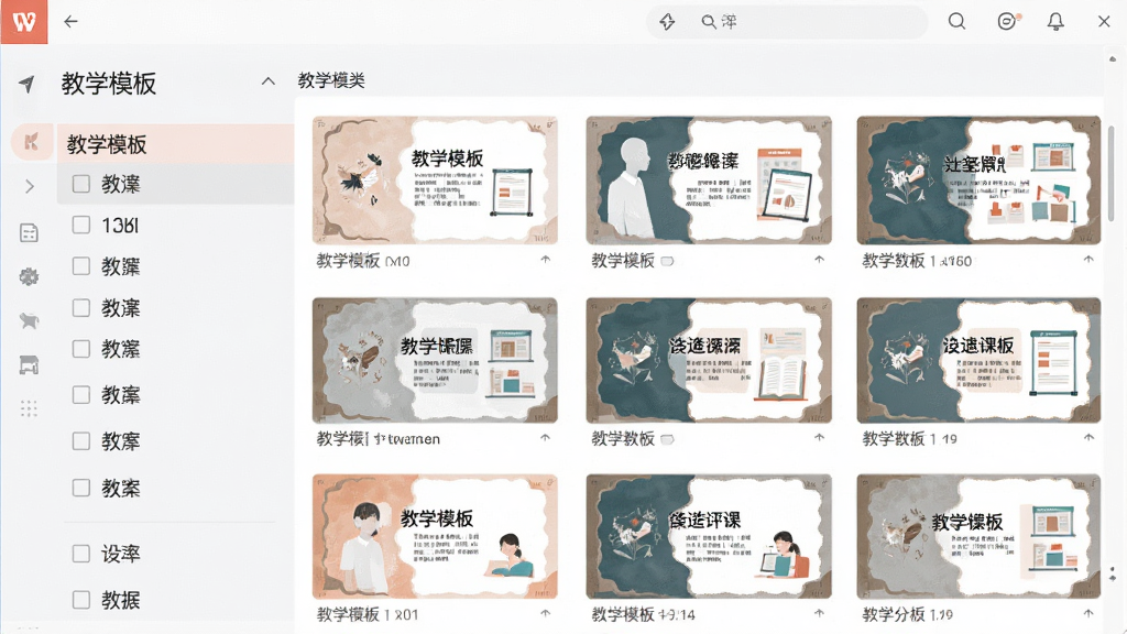 展示WPS Office教育版模板库界面的截图,左侧显示模板分类,右侧展示多套精美的教案和课件模板缩略图,界面风格简洁清晰,色彩柔和,文字标签为“教学模板”,画质干净无多余元素