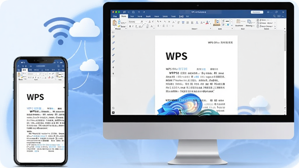 一张展示WPS Office教育版在手机和电脑上同步使用的场景图,手机和电脑屏幕上都显示着WPS文档,背景有无线网络和云朵图标,风格现代简洁,蓝色调,画质清晰干净,无多余元素