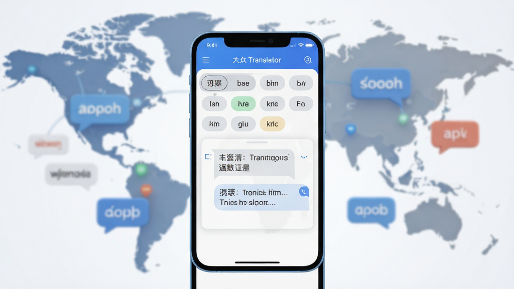 一幅现代科技感十足的3D渲染图,主体为一部智能手机,屏幕中显示大众翻译软件的界面,界面包含多种语言选项和翻译对话框,背景是模糊的世界地图和语言气泡,布局居中,排版清爽,风格简洁明亮,细节包括屏幕上的中文与英文互译文字,画质高清,干净,无多余元素