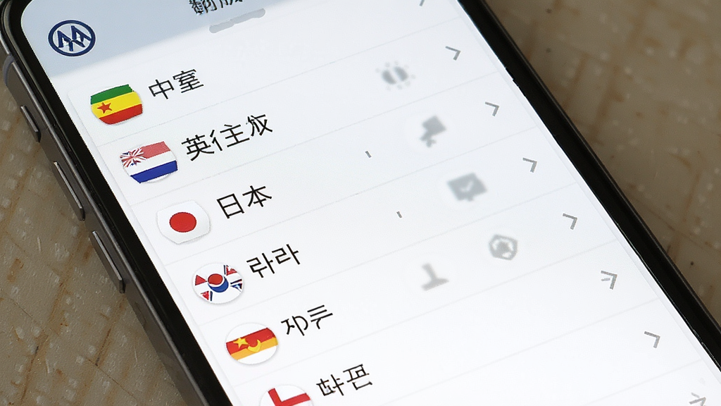 一张展示大众翻译软件多语言翻译功能的界面截图,主体为手机屏幕,屏幕中列出多种语言选项,包括中文、英文、日文、韩文等,布局为列表式,排版清晰,风格扁平化,细节显示每种语言旁有国旗图标,画质干净,无多余元素