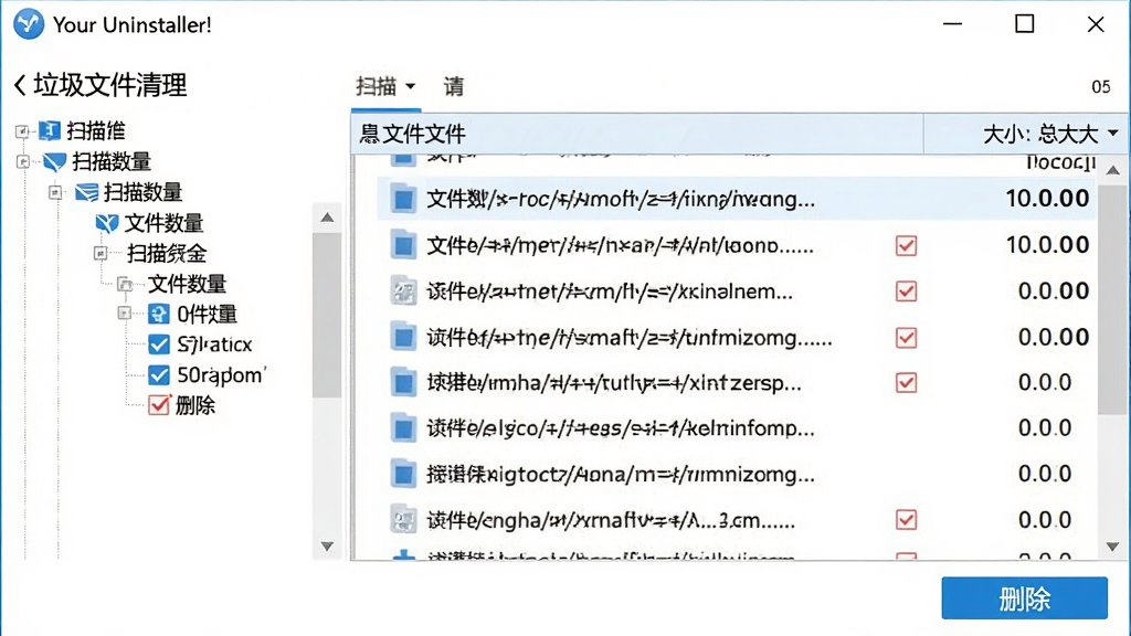 ���壺Your Uninstaller! �ġ������ļ����������棬��ʾɨ��������ͳ�ơ����֣����Ϊɨ�������״ͼ���Ҳ�Ϊ�ļ��б��ʹ�С��Ϣ���Ű棺�����������ļ�·����ȷ��֧�ֹ�ѡɾ������񣺼�Լʵ�÷�񣬰�ɫ��������ɫ������ϸ�ڣ�ɨ���������ļ��������ܴ�С��ɾ����ť��Ŀ�����ʣ����壬�ɾ����޶���Ԫ�ء�