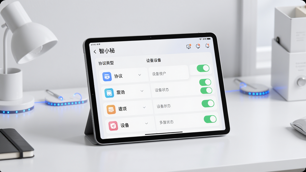 画面主体为一张现代简约书桌,桌面中央摆放一台平板电脑,屏幕展示“智小秘”APP的设备分组列表,左侧为协议类型图标,右侧为设备开关状态,布局清晰有序,排版采用卡片式结构,风格偏向科技感与简洁白,细节处有蓝色连接指示灯点缀,画质通透干净,无多余元素。