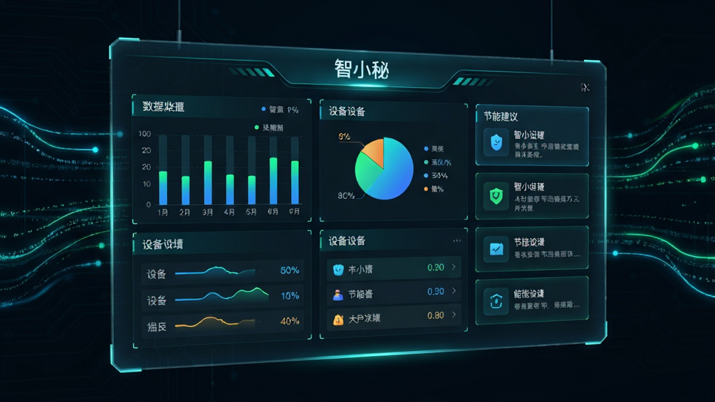 画面主体为一块悬浮的透明全息屏幕,屏幕中央显示“智小秘”APP能耗统计界面,包含柱状图、饼图与设备列表,布局采用左右分栏,左侧数据图表,右侧节能建议卡片,整体风格为深色科技背景搭配霓虹蓝绿色线条,细节处突出数据流动感与动态刷新效果,画质细腻干净,无多余元素。