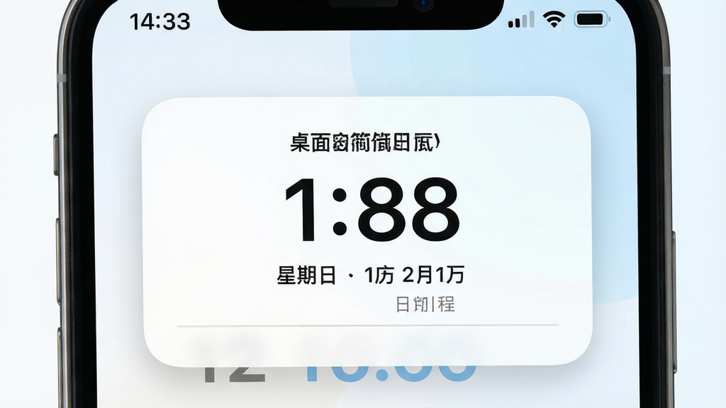 主体:一部智能手机屏幕特写,屏幕中央显示“桌面极简日历”的桌面小部件界面,日期数字醒目,背景为纯净的浅色渐变;布局:手机居中,小部件占据屏幕主体,周围留白;排版:界面简洁,日期数字使用大号无衬线字体,下方依次排列星期、农历和一条细线分隔的日程条目;风格:极简主义,扁平化设计,色彩以白色和淡蓝色为主,营造清爽通透的视觉感受;细节:屏幕顶部状态栏时间清晰,小部件边缘有细微圆角,阴影柔和;画质:超高清,干净,无多余元素。