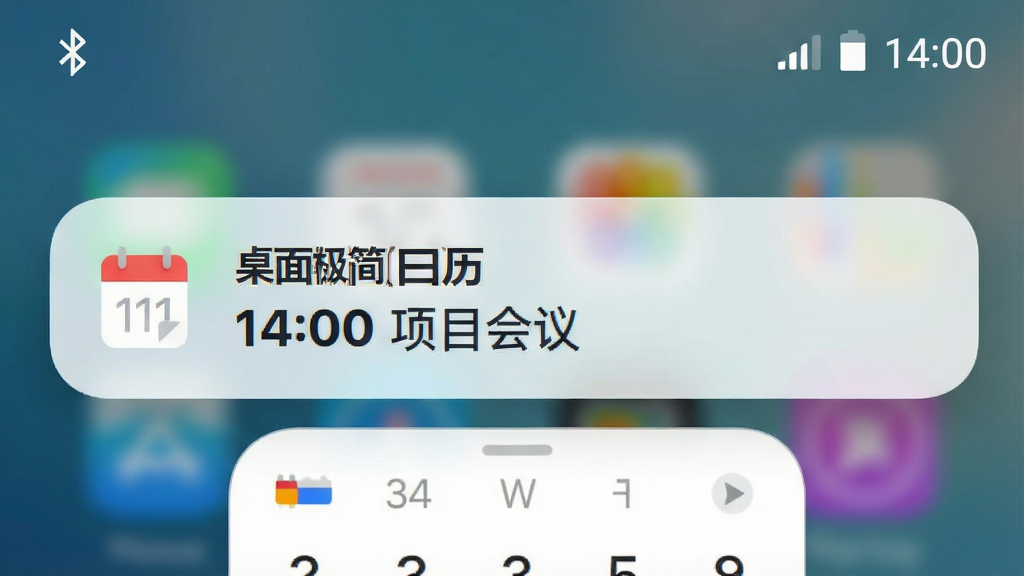 主体:手机通知栏下拉界面,顶部显示一条“桌面极简日历”的提醒通知,内容为“14:00 项目会议”,背景为模糊的桌面壁纸;布局:通知栏居中,下方露出日历小部件的局部;排版:通知卡片为圆角矩形,左侧有日历图标,文字左对齐,时间加粗;风格:现代简洁,通知卡片为白色半透明毛玻璃效果;细节:状态栏显示蓝牙和电量图标,时间为14:00;画质:高清,干净,无多余元素。