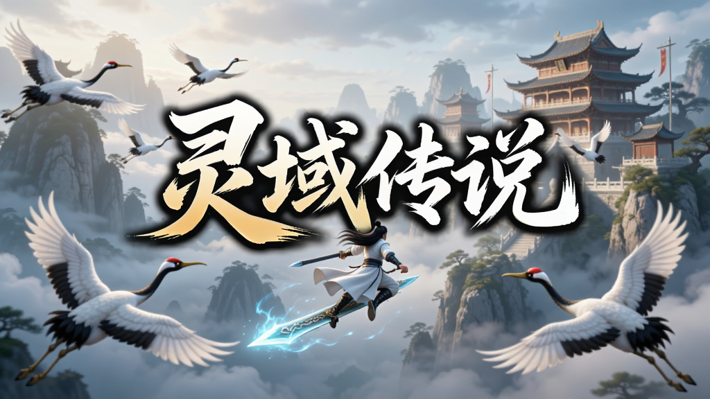 画面中央展示“灵域传说”游戏LOGO,背景是云雾缭绕的仙山琼阁,一名白衣剑客御剑飞行,周围有灵鹤环绕,光影通透,色彩绚丽,国风水墨与3D写实结合,高清画质,干净无多余元素