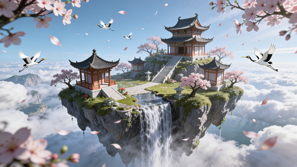 游戏场景展示,一座悬浮在云海中的仙岛,亭台楼阁错落有致,瀑布飞流直下,桃花纷飞,远处有仙鹤飞过,画面明亮通透,色彩丰富,细节精致,高清画质,干净无多余元素