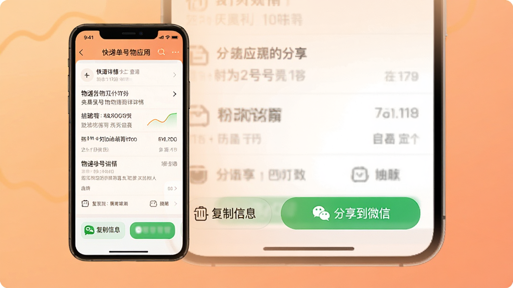 一张快递单号查询一键通应用内分享功能预览图,手机屏幕显示物流详情页,底部有“复制信息”和“分享到微信”两个按钮,背景为柔和的橙色渐变,画面简洁,突出分享操作,高画质,干净,无多余元素