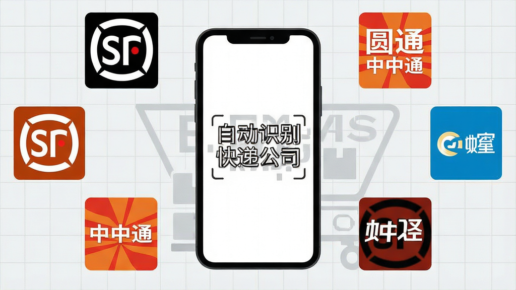 一张快递单号查询一键通软件功能示意图,画面中央是手机界面,显示“自动识别快递公司”字样,周围环绕着顺丰、圆通、中通等快递公司logo图标,背景为浅灰色网格,排版整齐,风格扁平化,画质清晰,无多余元素
