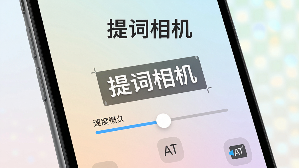 提词相机功能预览图,手机屏幕显示可调节的悬浮字幕,周围有速度调节滑块和字体设置图标,背景为浅色渐变,突出“提词相机”字样,界面简洁直观,高清渲染,干净无多余元素