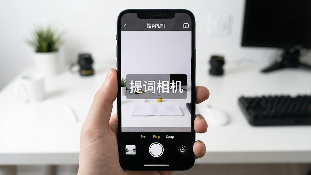 提词相机主界面展示,手机竖屏拍摄场景,屏幕中央悬浮半透明台词字幕,背景为简洁工作台,画面明亮干净,突出软件名称“提词相机”,现代简约风格,高清画质,无多余元素